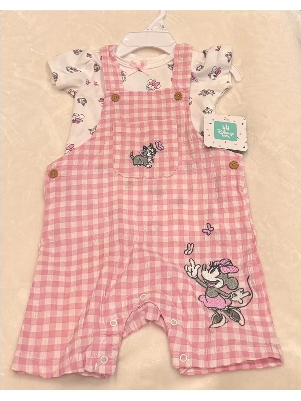 Disney Baby Minnie Mouse & Figaro Pink Gingham Overall Shorts & Tshirt Set